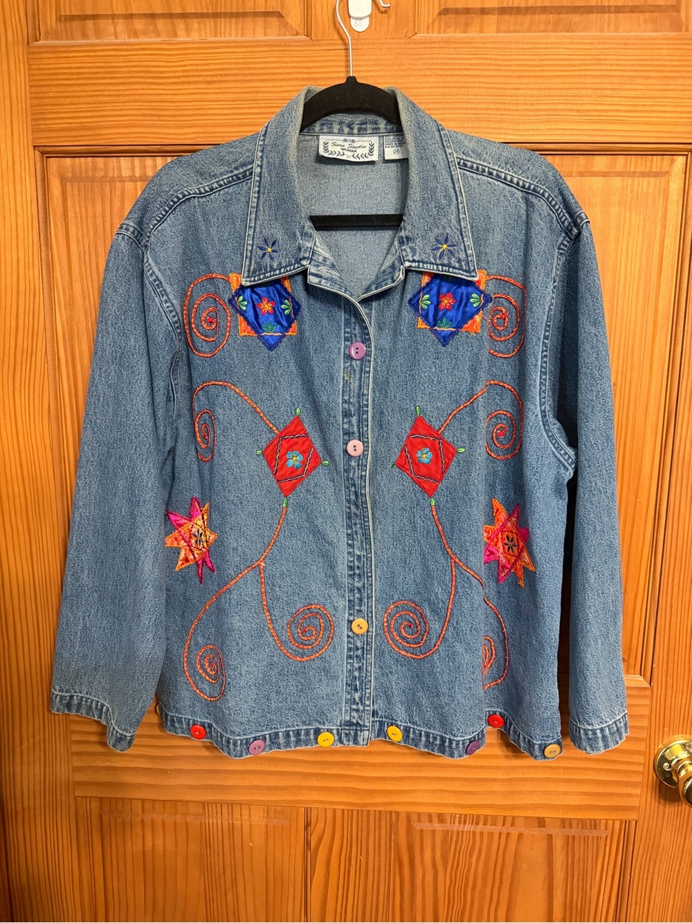 Vintage Sara Studio Blue Denim Jacket with Multicolor Embroidery 2XL